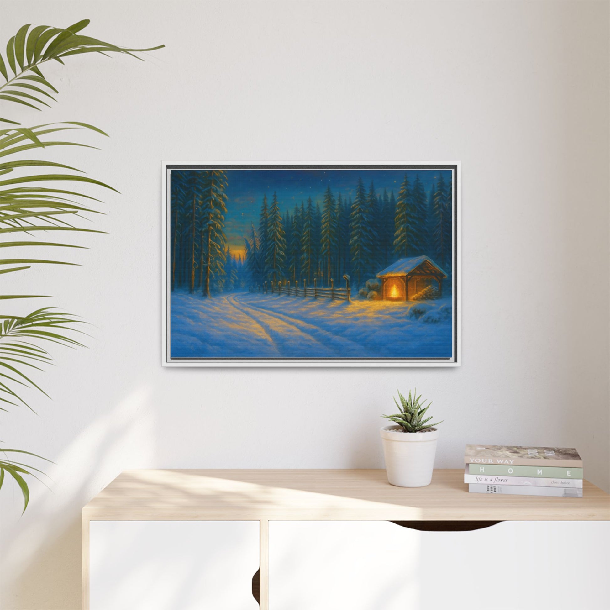 Cozy winter cabin matte framed canvas wall art featuring a snowy forest scene at evening, by Printify.