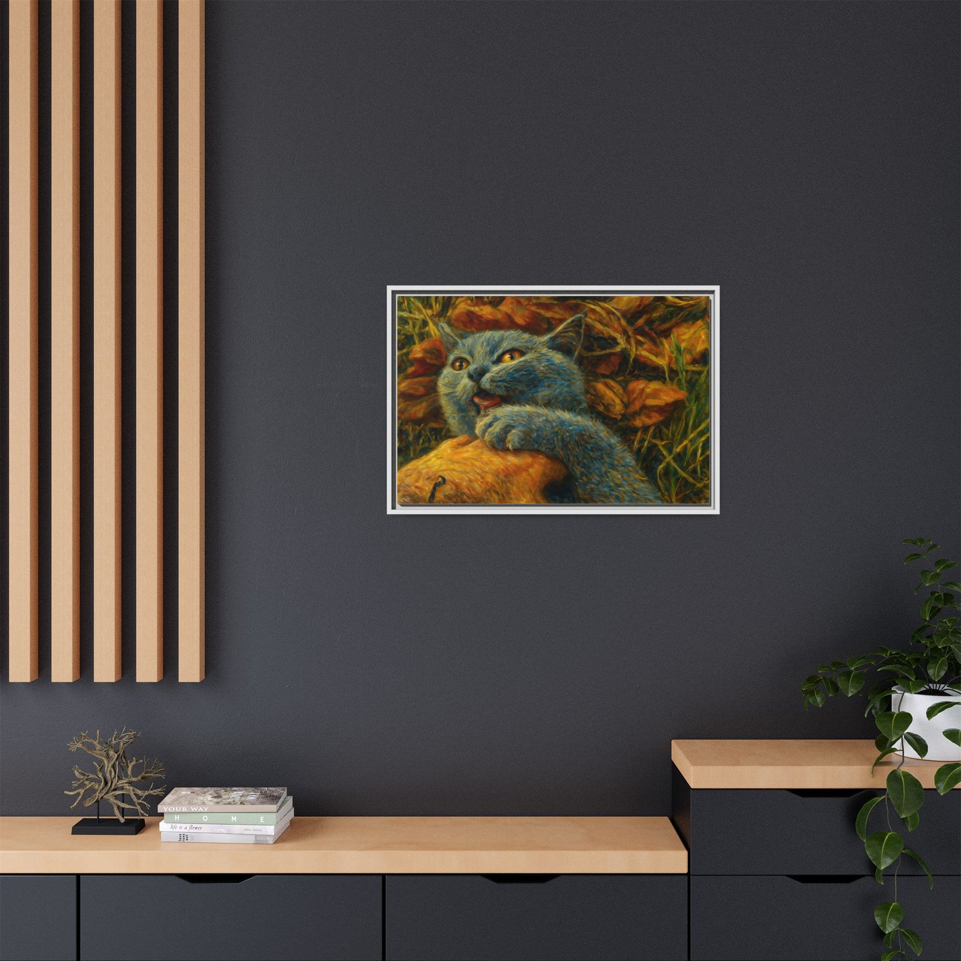 Blue cat canvas print featuring whimsical wall art, perfect gift for cat lovers, by Printify.