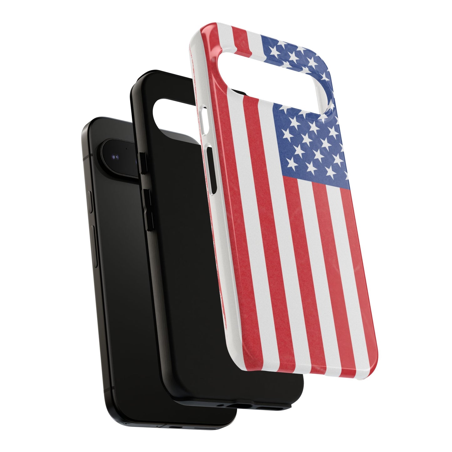 Durable American flag phone case for iPhone by Printify, featuring a patriotic design and rugged protective style.