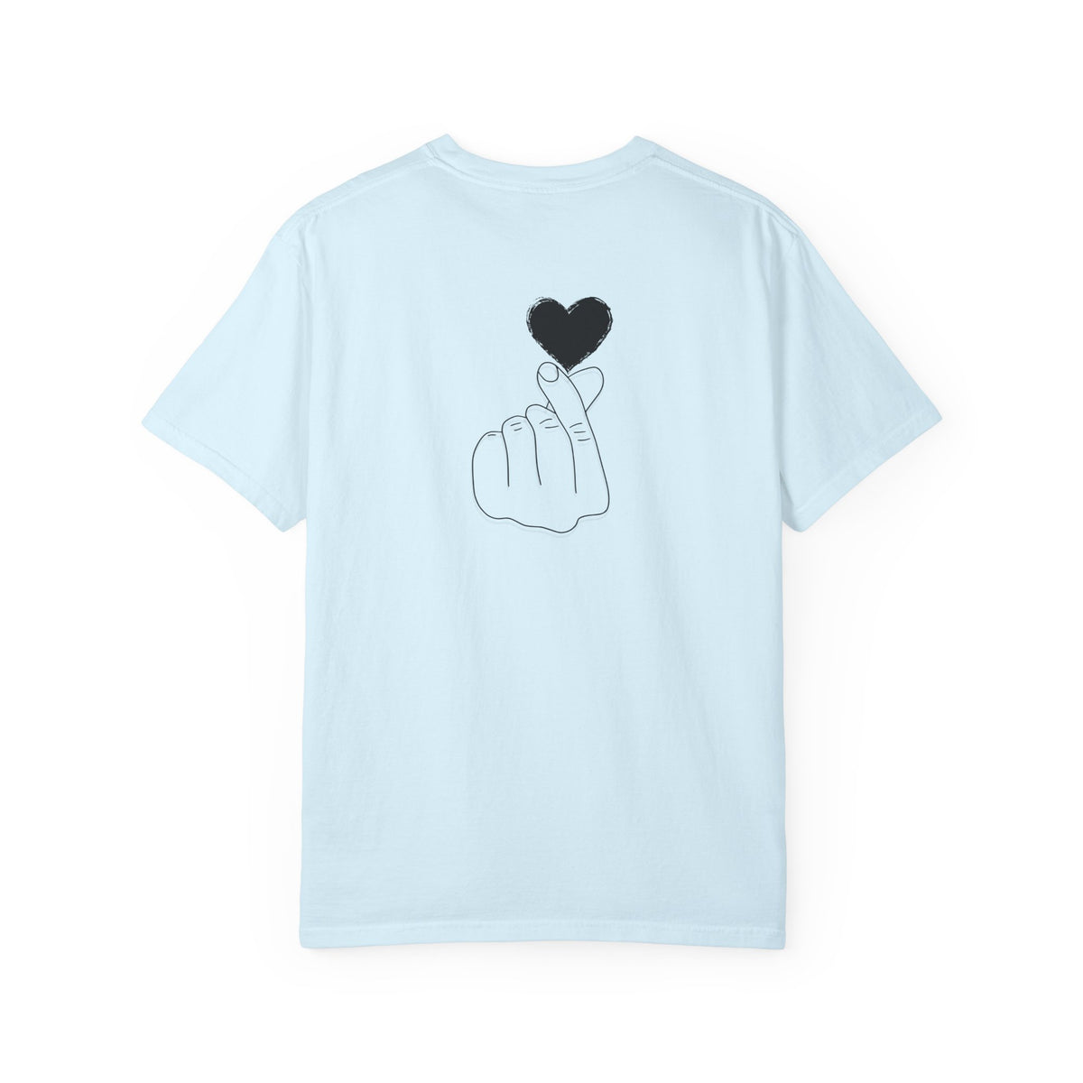 Black T-shirt with minimal white finger heart graphic, casual unisex design by Printify, perfect for expressing love or friendship.