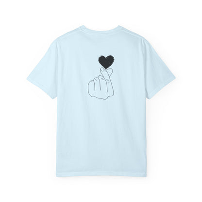 Black T-shirt with minimal white finger heart graphic, casual unisex design by Printify, perfect for expressing love or friendship.