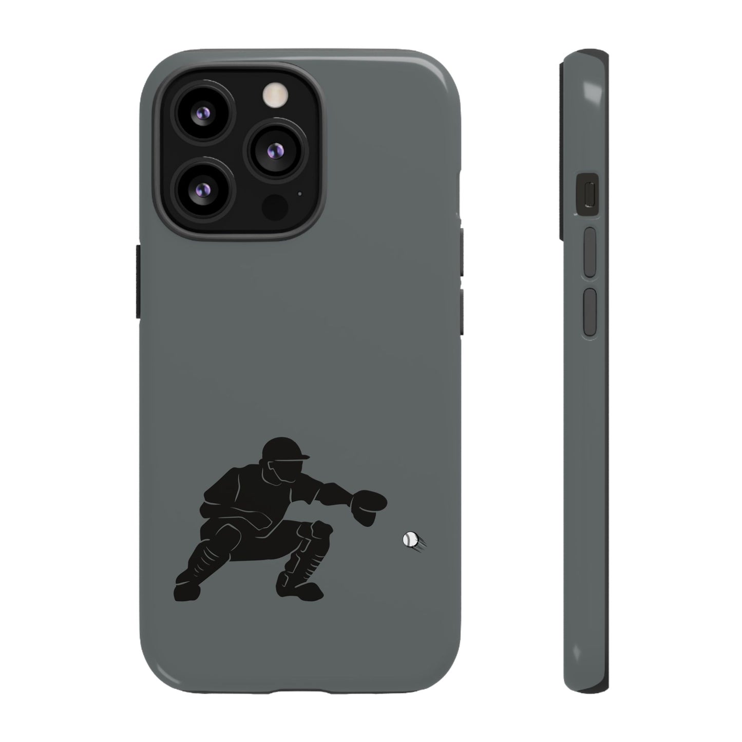 Printify baseball catcher phone case with tough, protective design fitting a smartphone, featuring baseball catcher graphic and durable material.