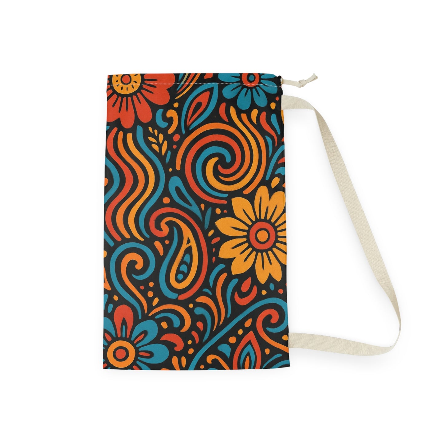 Retro floral swirl laundry bag from Printify featuring boho flower design and drawstring closure for easy carrying.