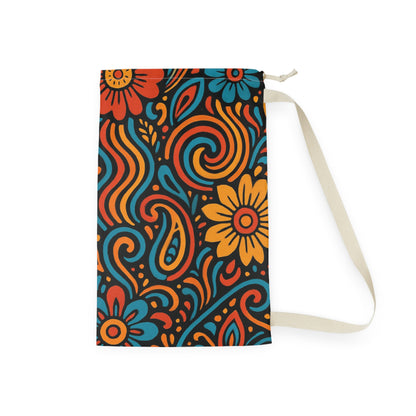 Retro floral swirl laundry bag from Printify featuring boho flower design and drawstring closure for easy carrying.