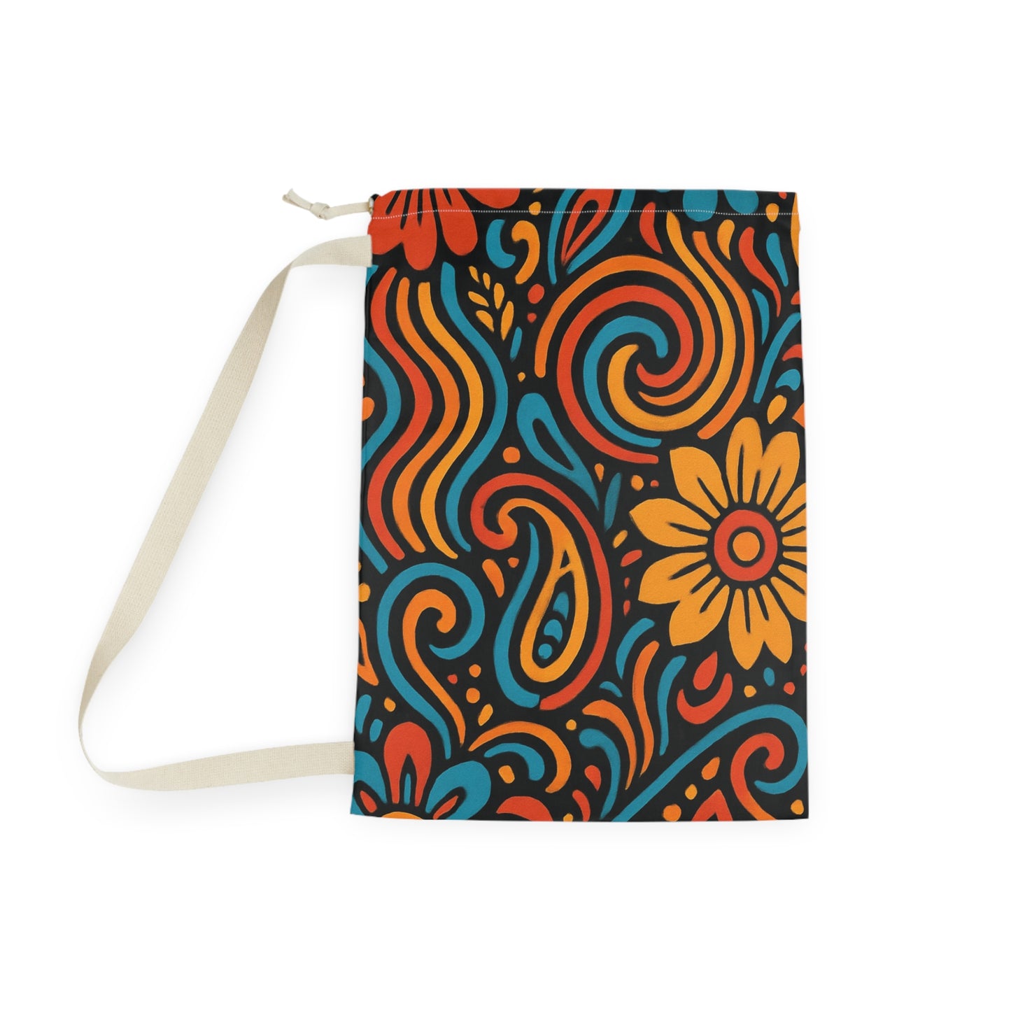 Retro floral swirl laundry bag with boho flower design, drawstring closure, made by Printify for stylish laundry storage.