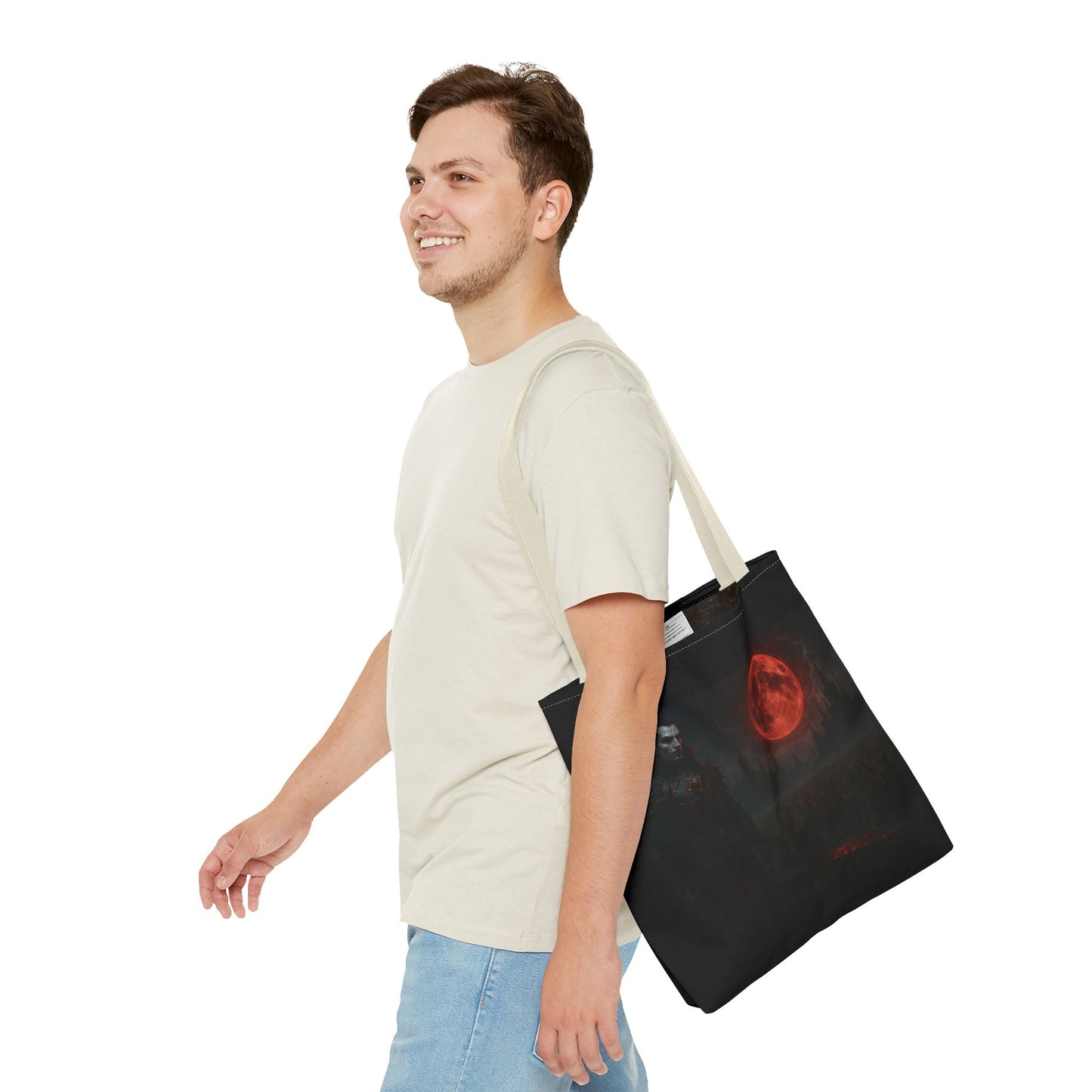 Gothic Dracula tote bag with moonlit vampire art, perfect for Halloween, by Printify, featuring dark, spooky vampire design.