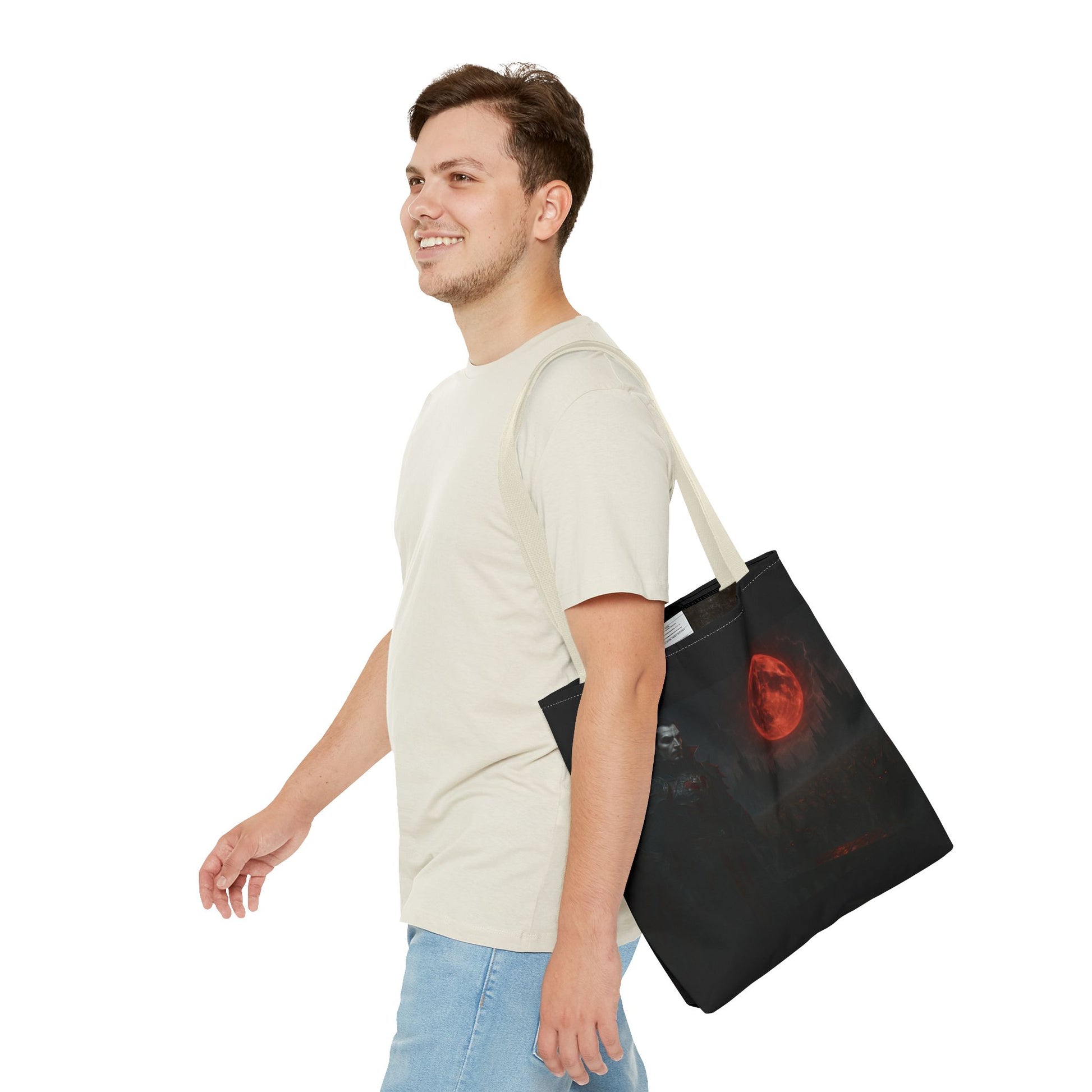 Gothic Dracula tote bag with moonlit vampire art, perfect for Halloween, by Printify, featuring dark, spooky vampire design.