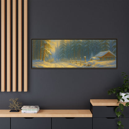 Framed winter cabin canvas print by Printify featuring a snowy forest sunset scene for wall decor.