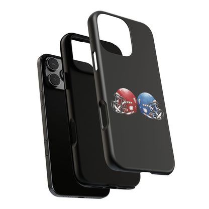 Red and blue football helmet design phone case for iPhone, protective tough cover by Printify featuring sports helmet graphics.