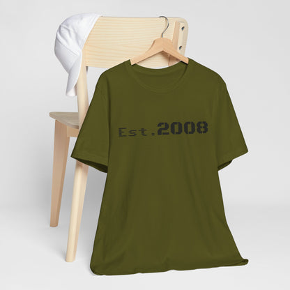 Black graphic T-shirt by Printify featuring "Established 2008" text in a minimalist design.
