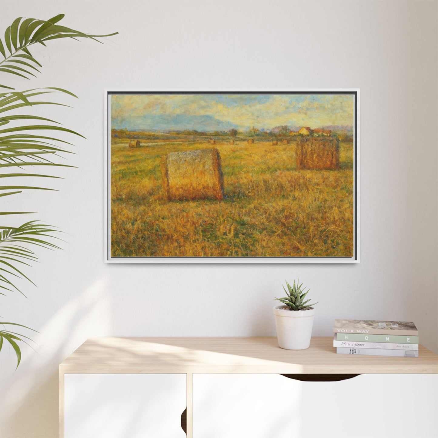Rustic hayfield landscape print on framed matte canvas wall art by Printify, showcasing a peaceful rural scene.