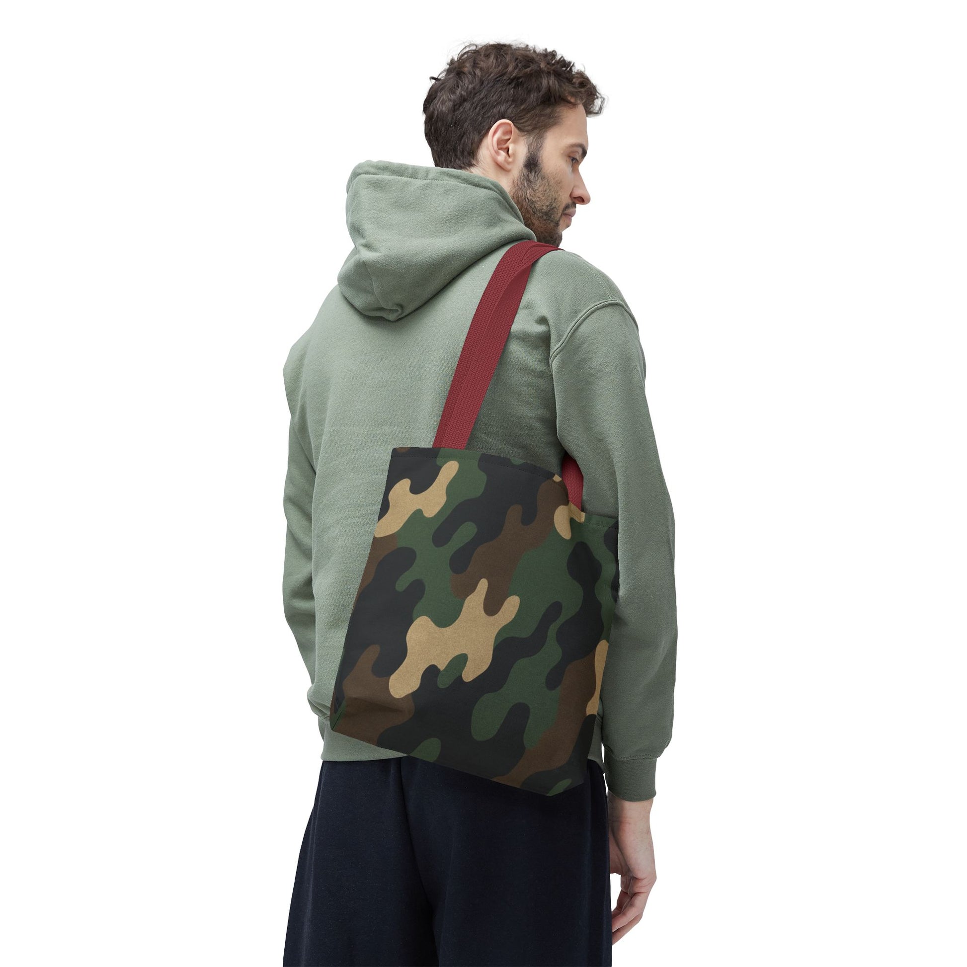 Camo pattern tote bag by Printify featuring all-over print canvas design, spacious carryall for everyday use.