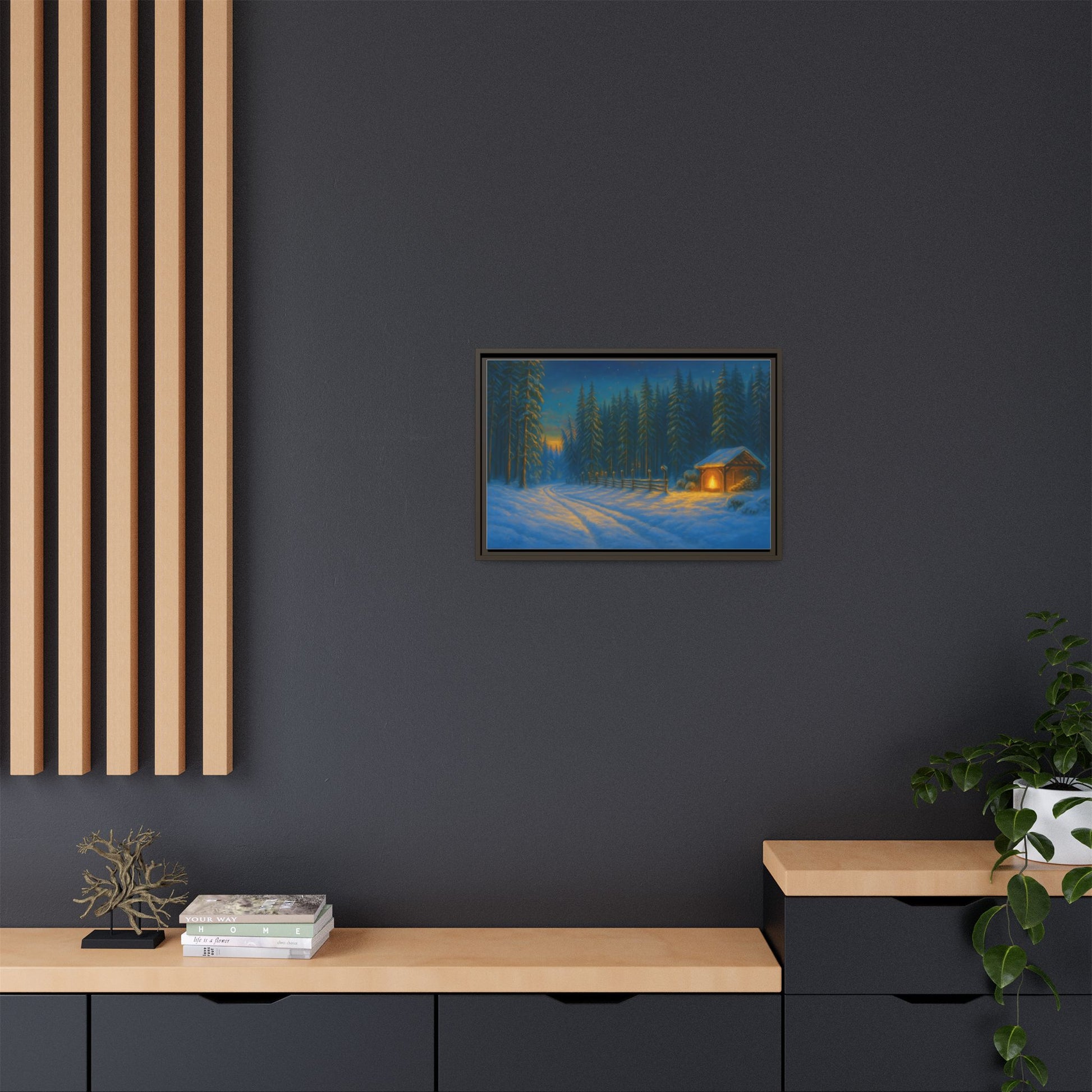 Winter cabin wall art on canvas featuring a snowy forest scene at dusk, with a matte framed print by Printify.