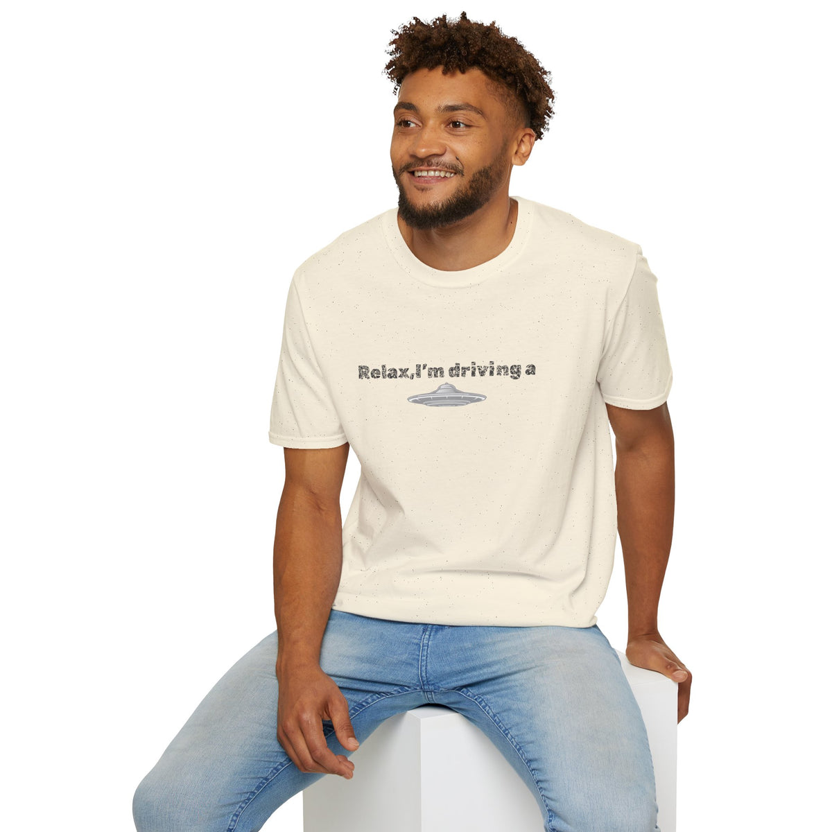 Funny alien graphic T-shirt by Printify featuring a UFO design, perfect for sci-fi fans and casual wear.