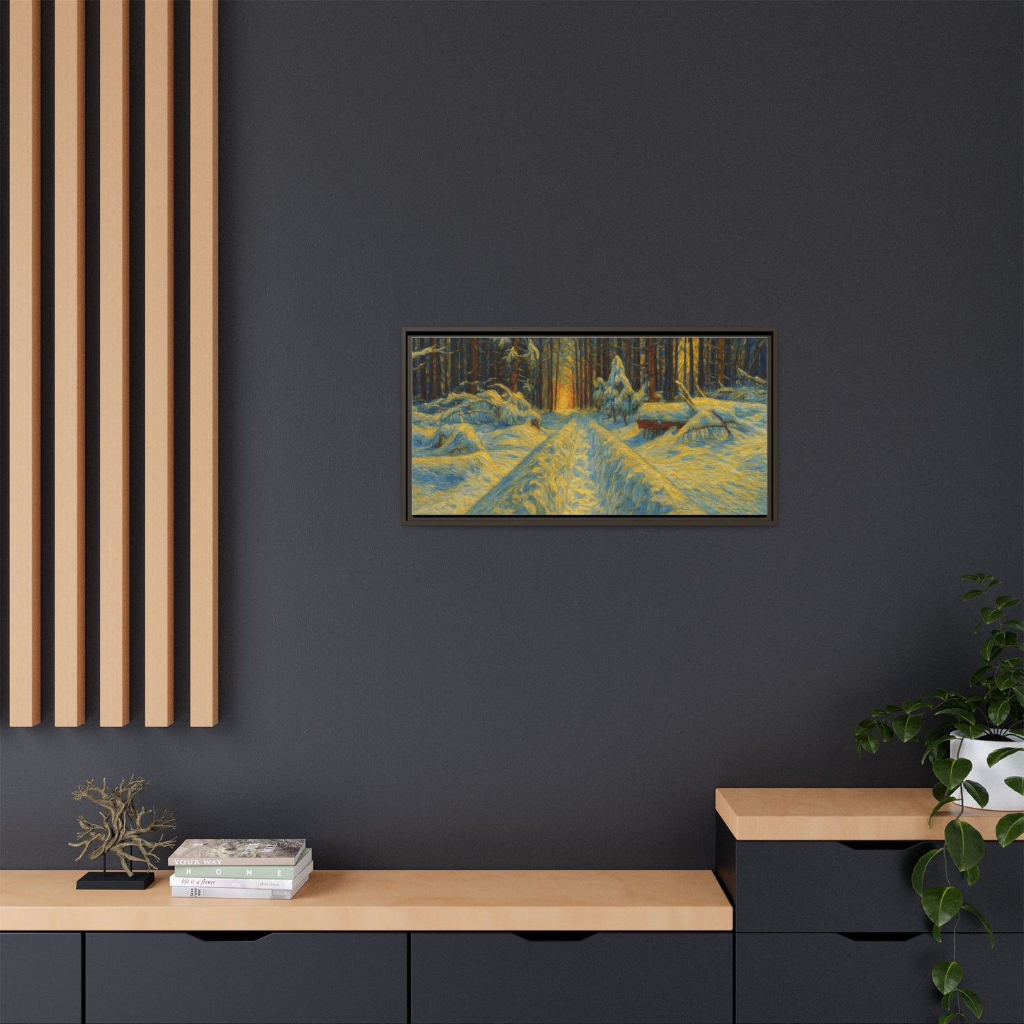 Framed matte canvas print of a snowy forest path at sunset, wall art by Printify showcasing winter landscape scenery.