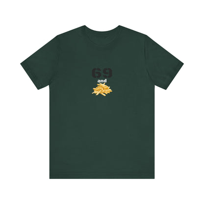 Unisex graphic T-shirt featuring a playful "69 & French Fries" design, made by Printify, with bright, humorous print on the front.