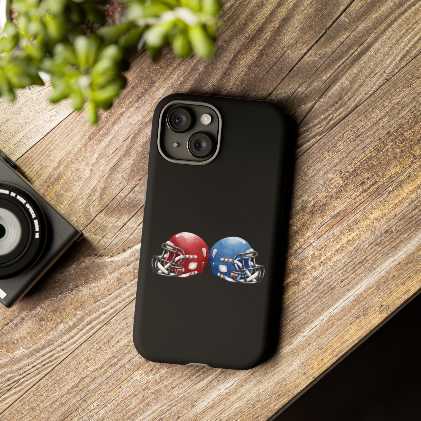Red and blue football helmet tough phone case for iPhone, protective Printify cover with detailed helmet design.