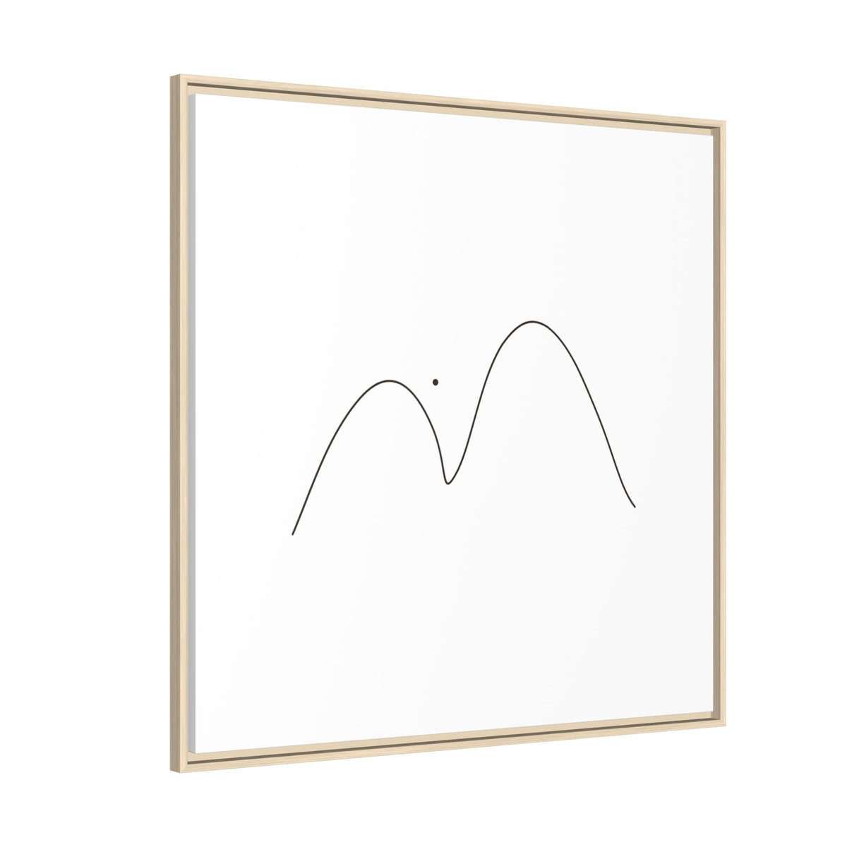 Framed matte canvas featuring minimalist mountain line art by Printify, showcasing simple black mountain outline on white background.