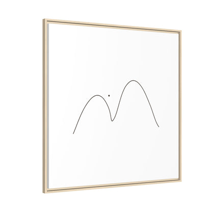 Framed matte canvas featuring minimalist mountain line art by Printify, showcasing simple black mountain outline on white background.