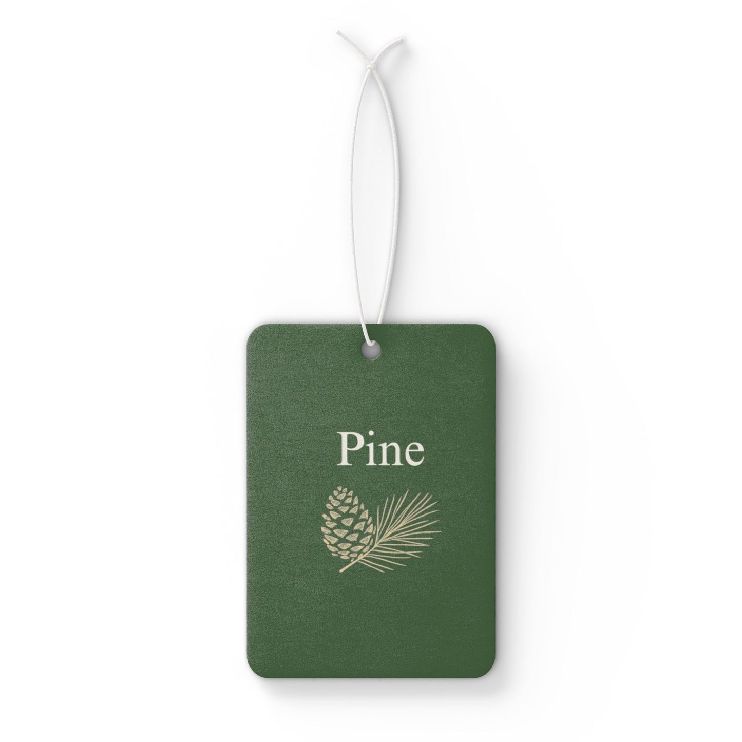 Green pinecone-shaped car air freshener with botanical scent tag, designed as a stylish accessory for vehicle interior.