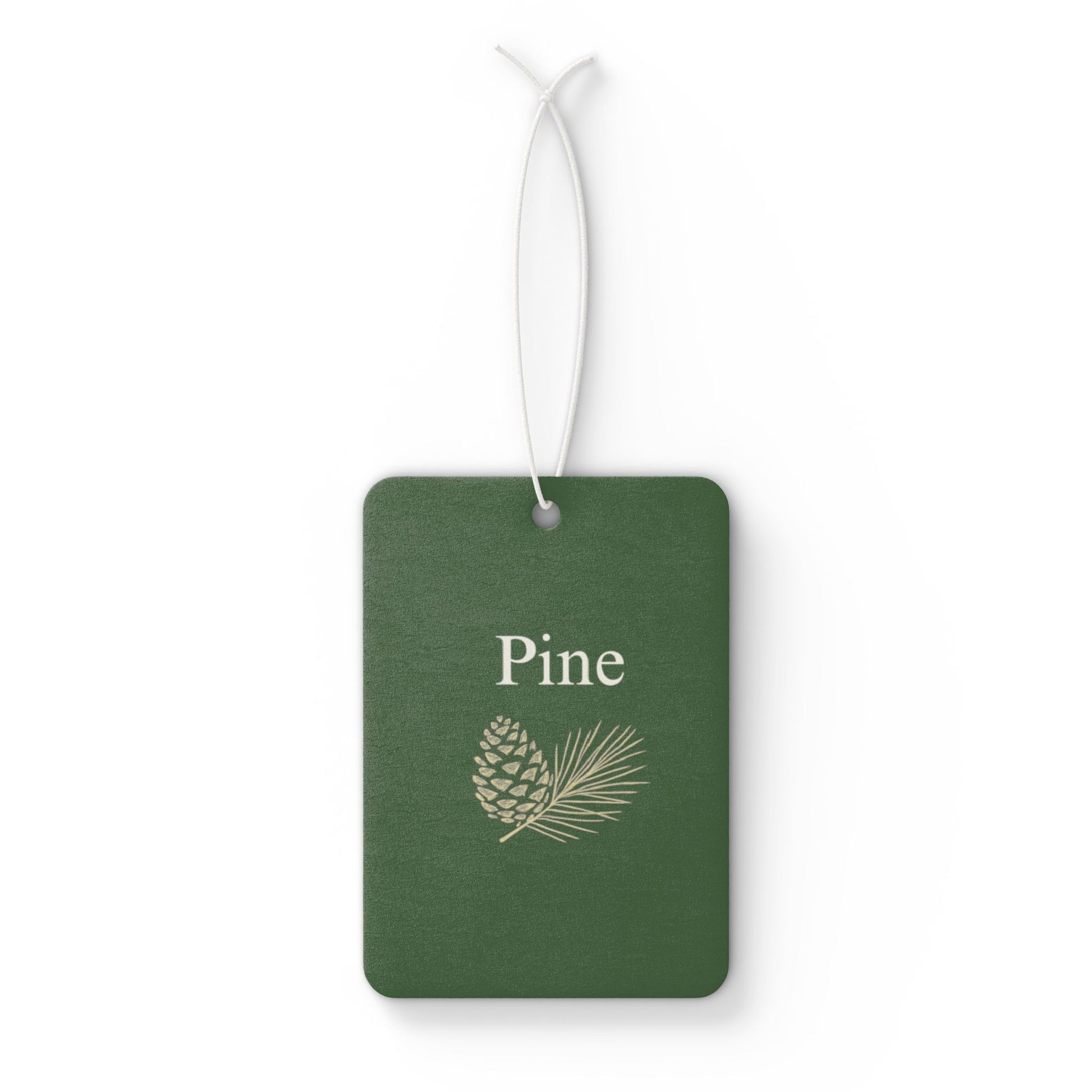 Green pinecone-shaped car air freshener with botanical scent tag, designed as a stylish accessory for vehicle interior.