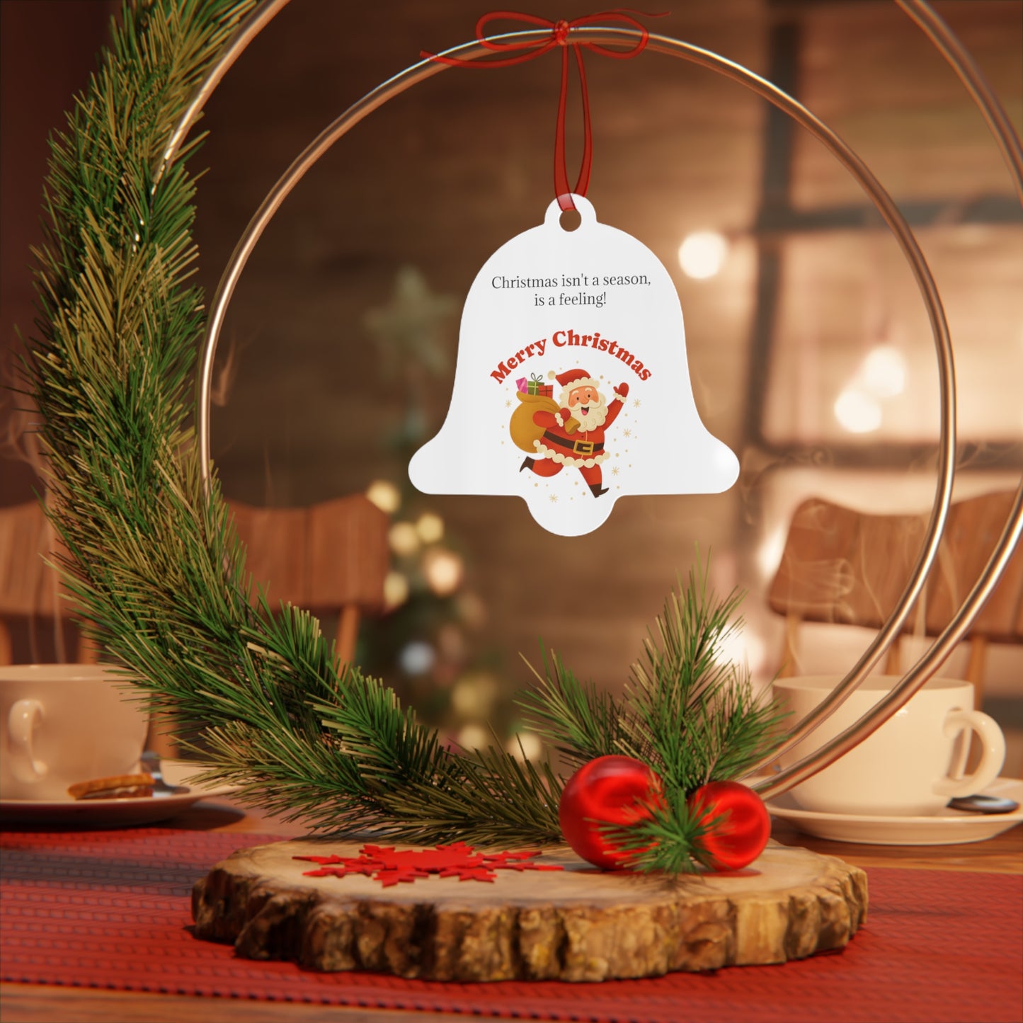 Metal bell-shaped Christmas ornament featuring Santa Claus with a sack, holiday decoration by Printify.