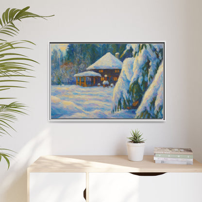 Framed matte canvas of a snowy cabin winter landscape wall art by Printify, showcasing a cozy cabin surrounded by snow-covered trees.