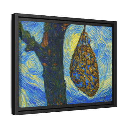 Framed matte canvas art featuring a starry nut cluster with dried plum in a tree, by Printify.