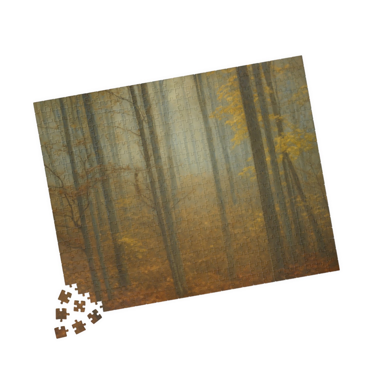 Printify Misty Forest Trees puzzle with 110 and 1014 pieces, featuring a serene forest scene of misty trees and lush greenery.