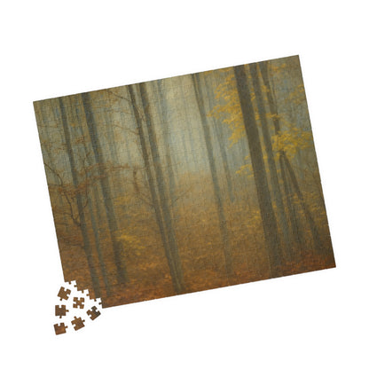 Printify Misty Forest Trees puzzle with 110 and 1014 pieces, featuring a serene forest scene of misty trees and lush greenery.