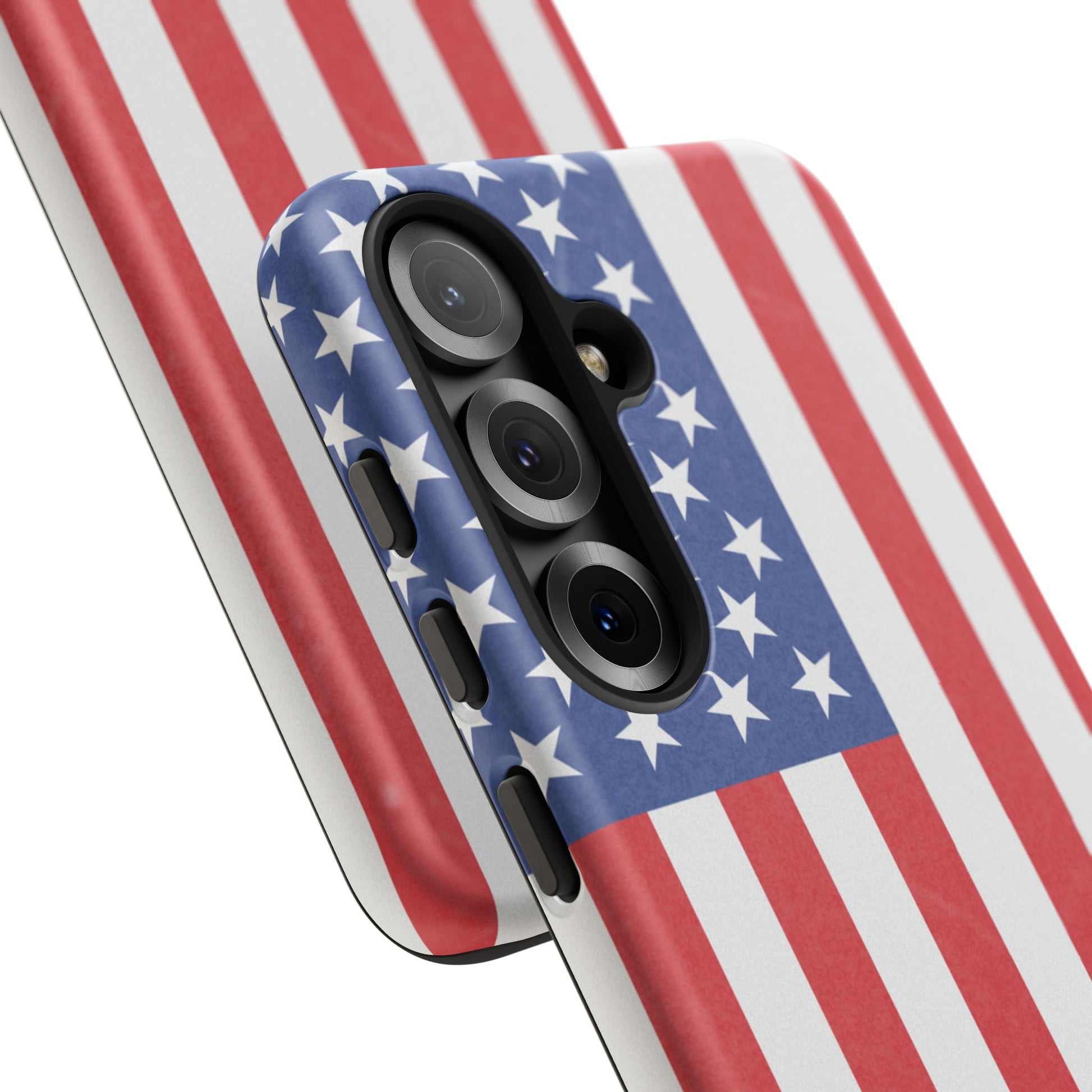 American flag tough phone case for iPhone and Samsung, patriotic protective cover with bold flag design by Printify