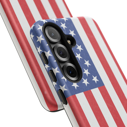 American flag tough phone case for iPhone and Samsung, patriotic protective cover with bold flag design by Printify