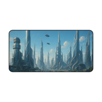 Futuristic cityscape desk mat featuring a sci-fi skyline design, ideal for use as a mousepad on a modern workspace.