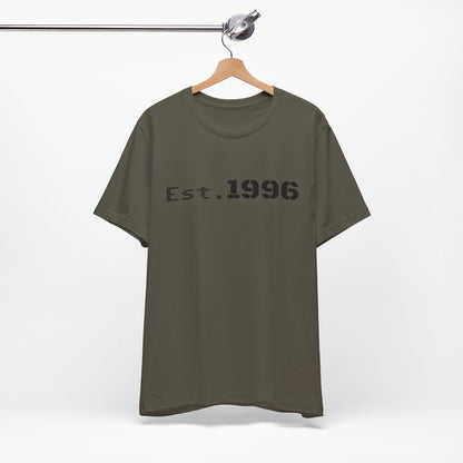 Vintage Est. 1996 T-shirt by Printify featuring a classic design, perfect as a birthday gift for someone born in 1996.