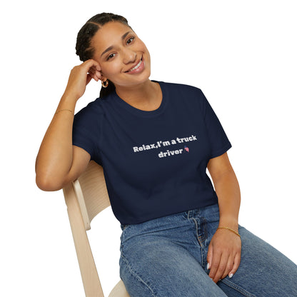 Pink heart graphic on black Relax, I'm a Truck Driver T-Shirt featuring a humorous trucker message by Printify.