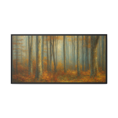 Framed autumn forest canvas print featuring misty woodland scene, wall art by Printify for rustic home decor.