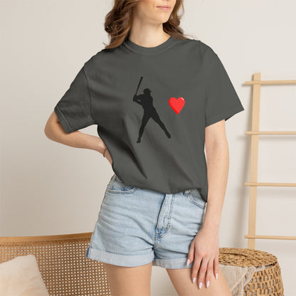 White baseball batter heart T-shirt from Printify featuring a graphic design of a batter with a heart.