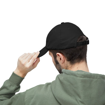 Distressed baseball cap featuring silhouette batter design, casual hat by Printify with a rugged, vintage style.