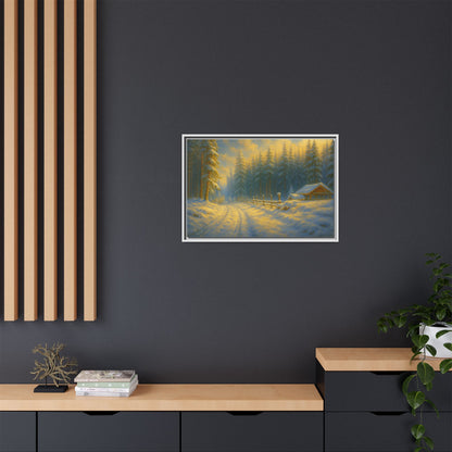 Framed winter cabin canvas print featuring a snowy forest sunset, wall art by Printify showcasing a cozy winter scene.