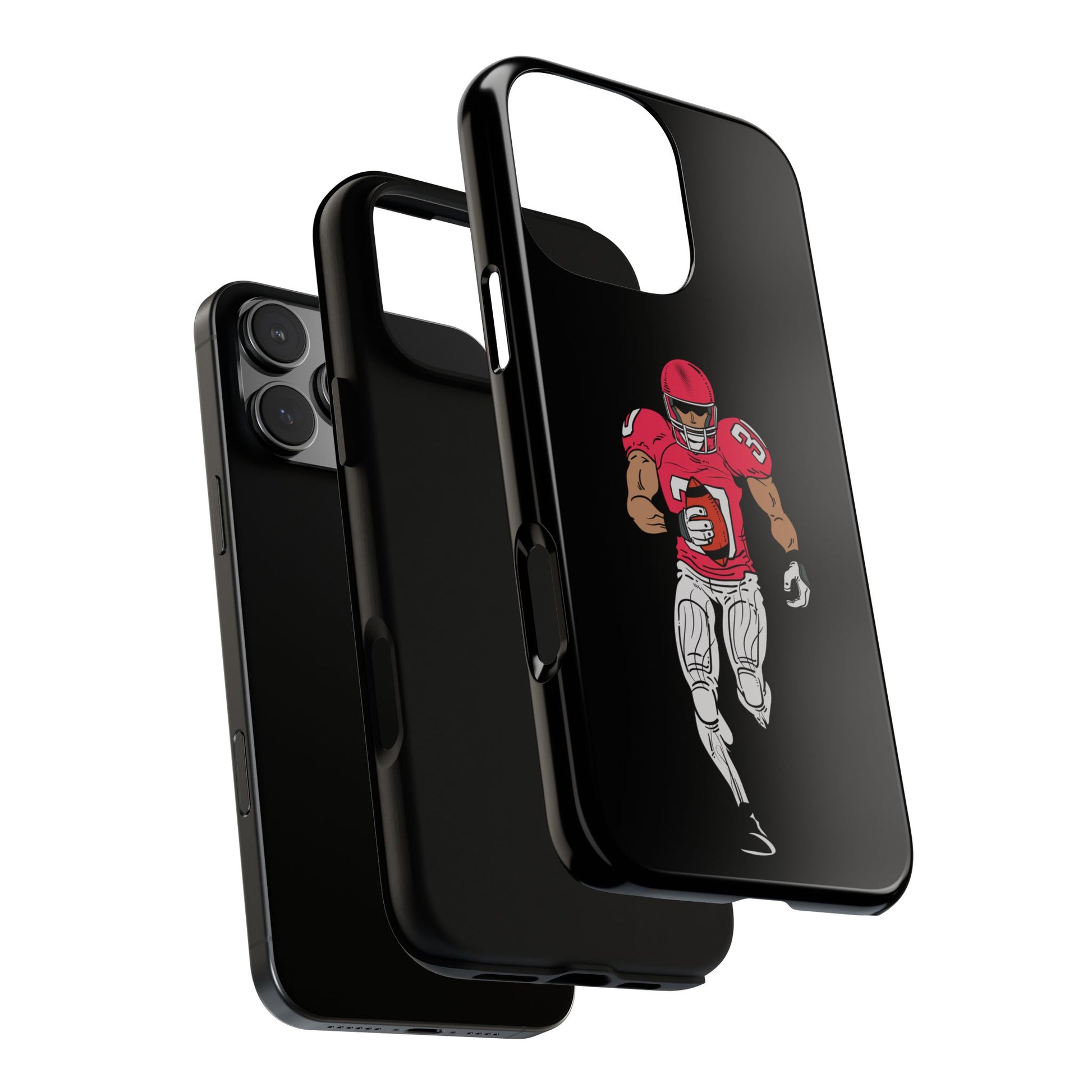 Black football player tough phone case for iPhone, featuring sports-themed design and protective durable material.