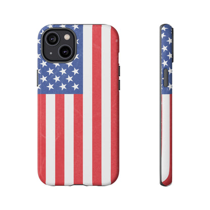 American flag tough phone case for iPhone and Samsung, patriotic protective cover with bold flag design.