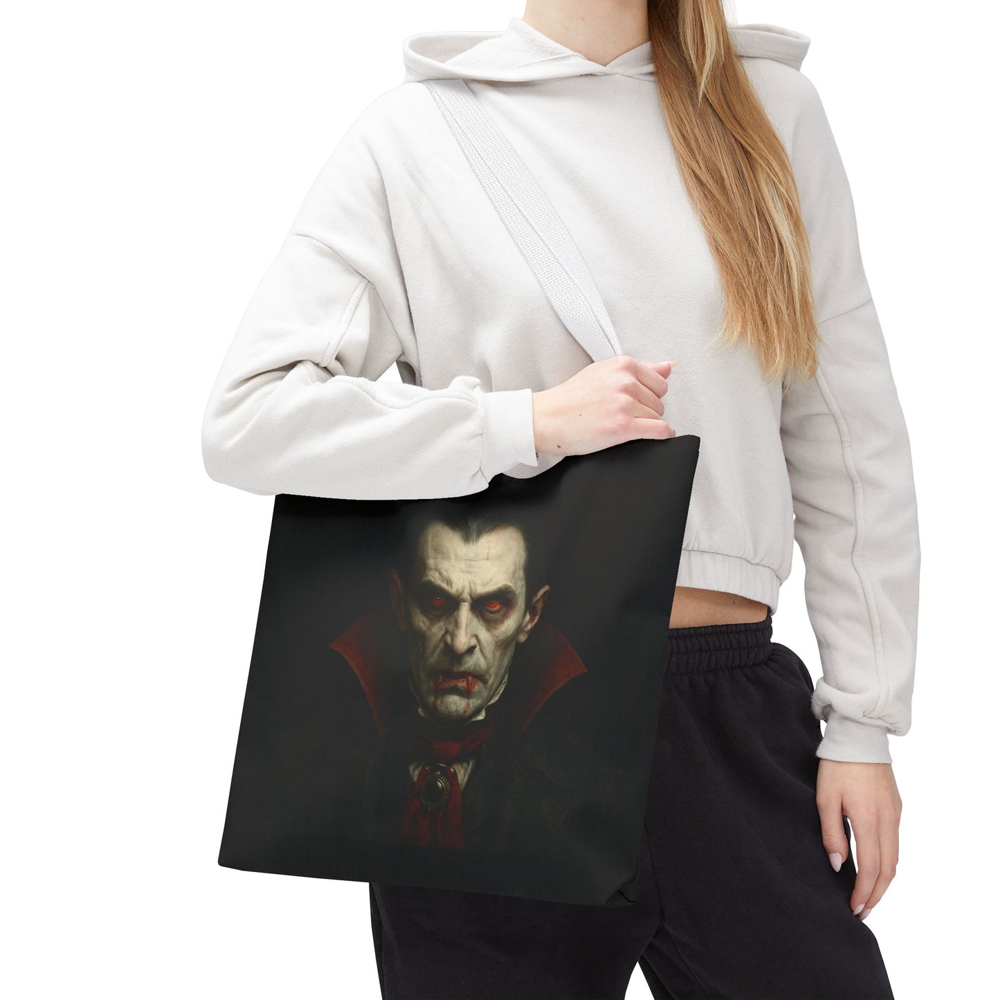 Black Gothic vampire tote bag with spooky vampire graphic, ideal for Halloween accessories, by Printify.