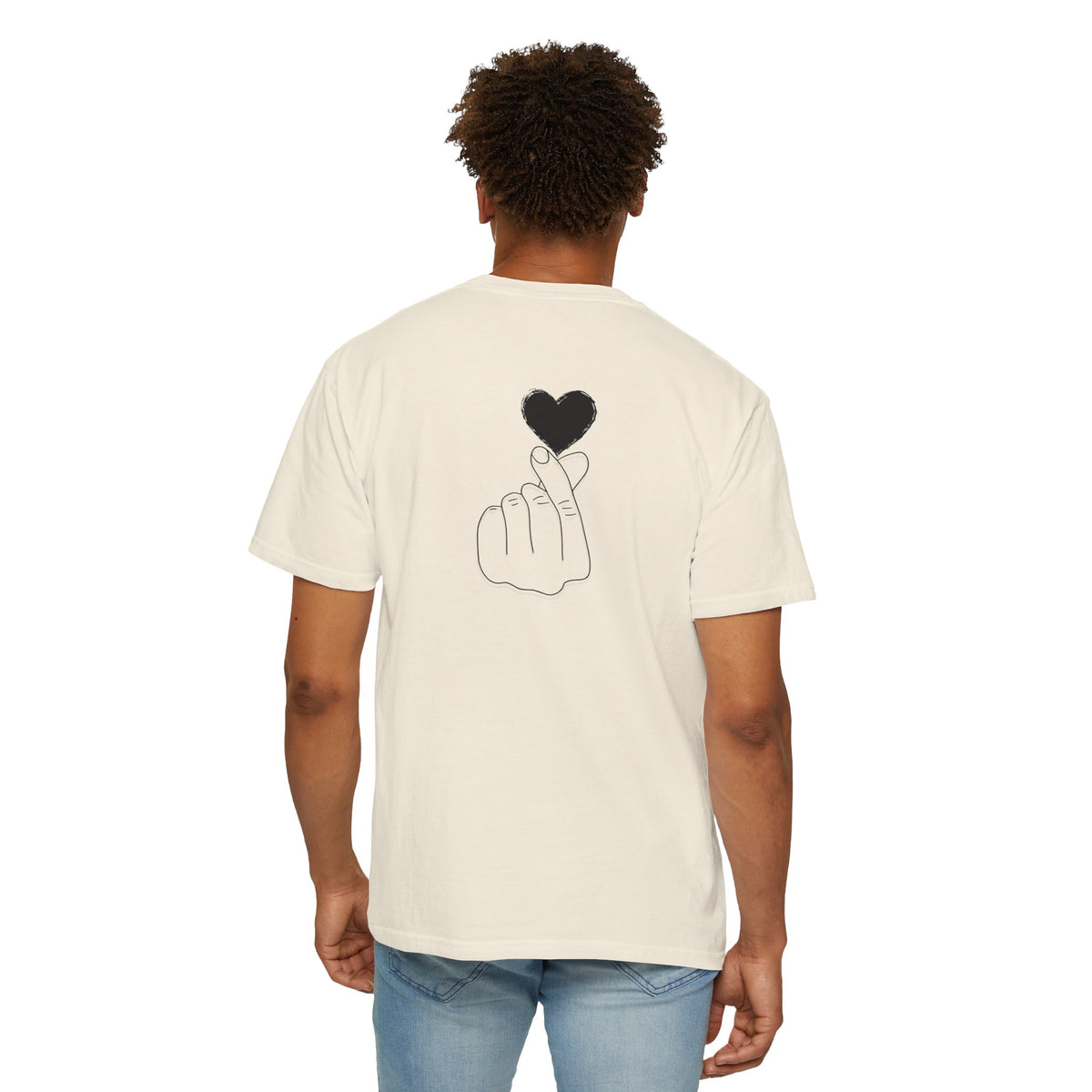 Black T-shirt with minimal white finger heart graphic, stylish and casual printify brand tee for everyday wear.