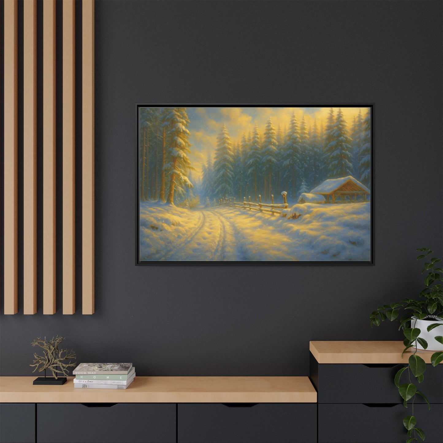 Framed winter cabin canvas print by Printify depicting snowy forest sunset wall art with a cozy mountain scene.