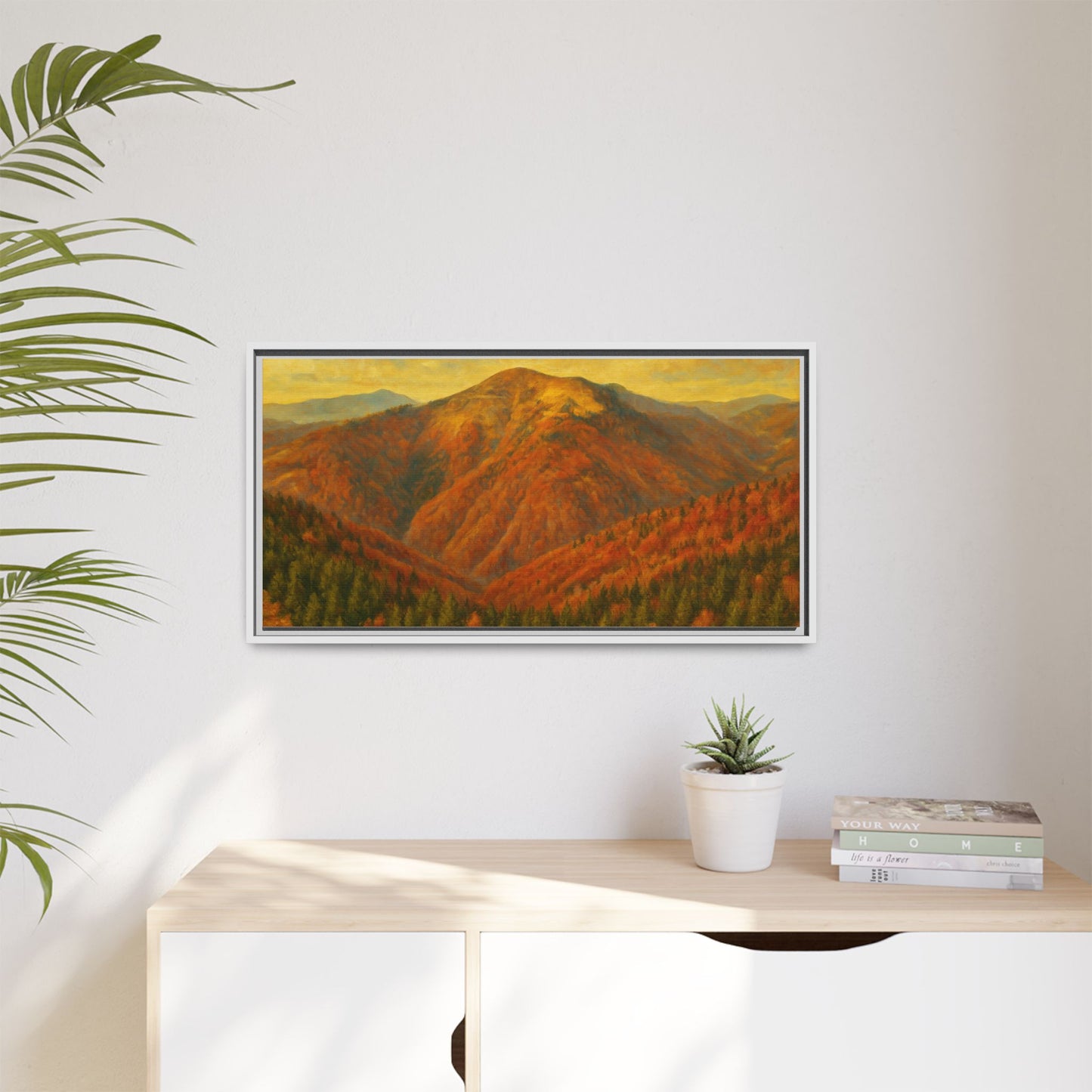 Autumn mountain matte canvas framed wall art by Printify showcasing a scenic mountain landscape in warm autumn colors.