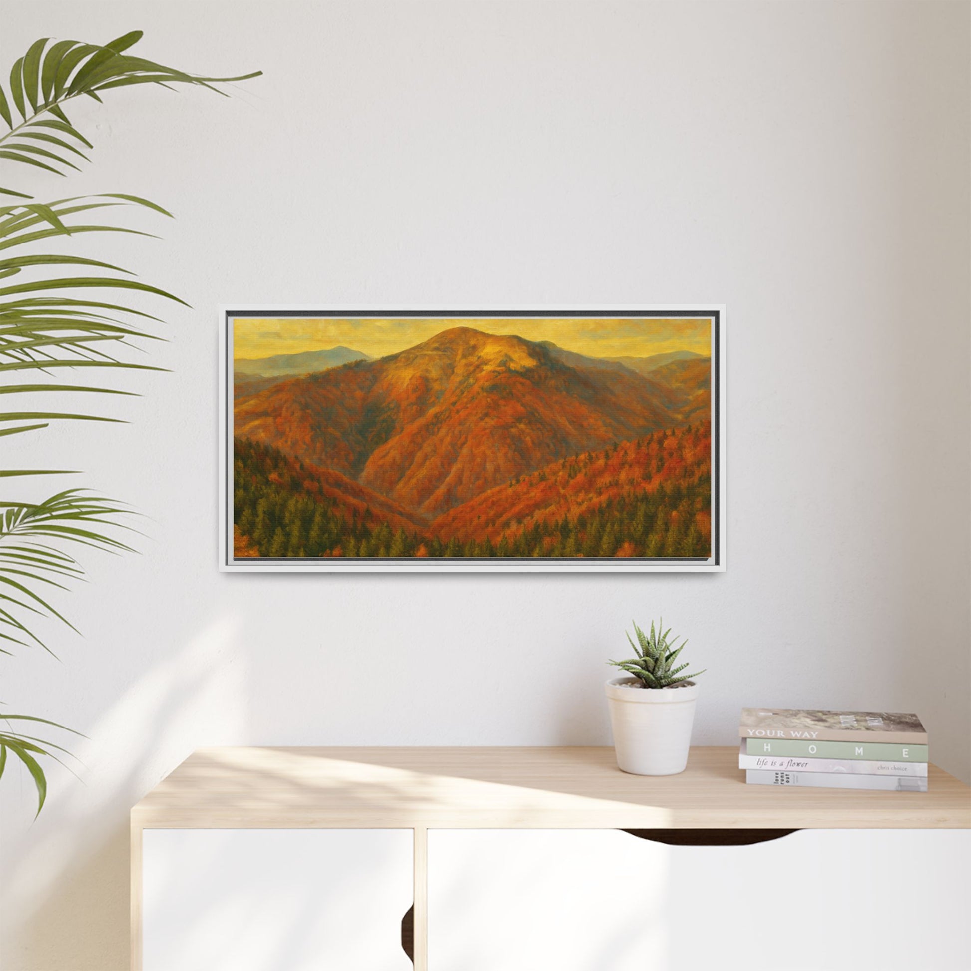 Autumn mountain matte canvas framed wall art by Printify showcasing a scenic mountain landscape in warm autumn colors.