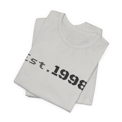 Vintage Est. 1998 T-Shirt by Printify featuring a stylish graphic design celebrating the year of birth.