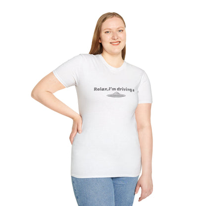 White UFO T-Shirt by Printify featuring a humorous alien graphic and sci-fi design, casual fit perfect for fans of extraterrestrial themes.