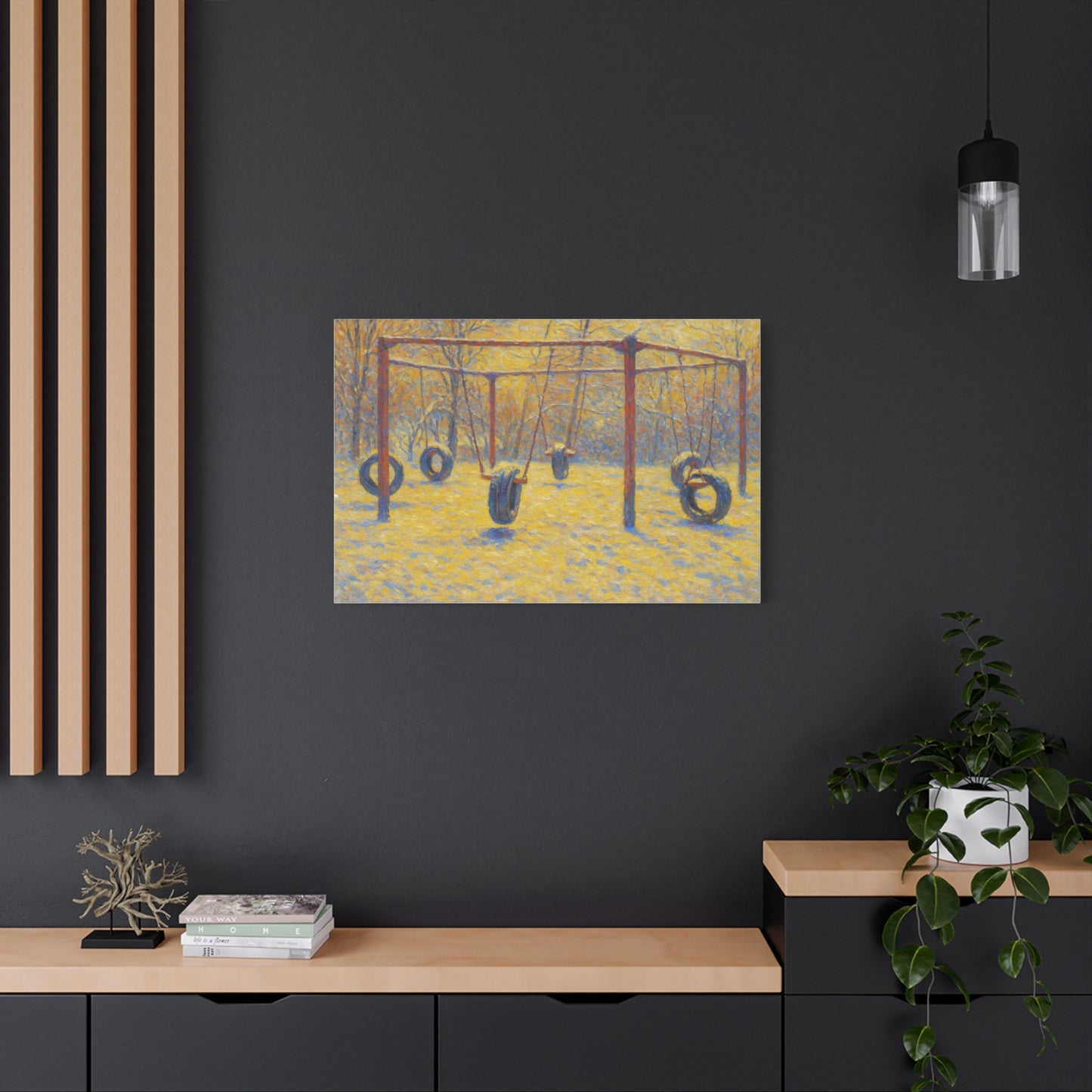 Matte stretched canvas wall art of a tire swing playground scene, printed by Printify, showcasing vibrant colors and playful design.