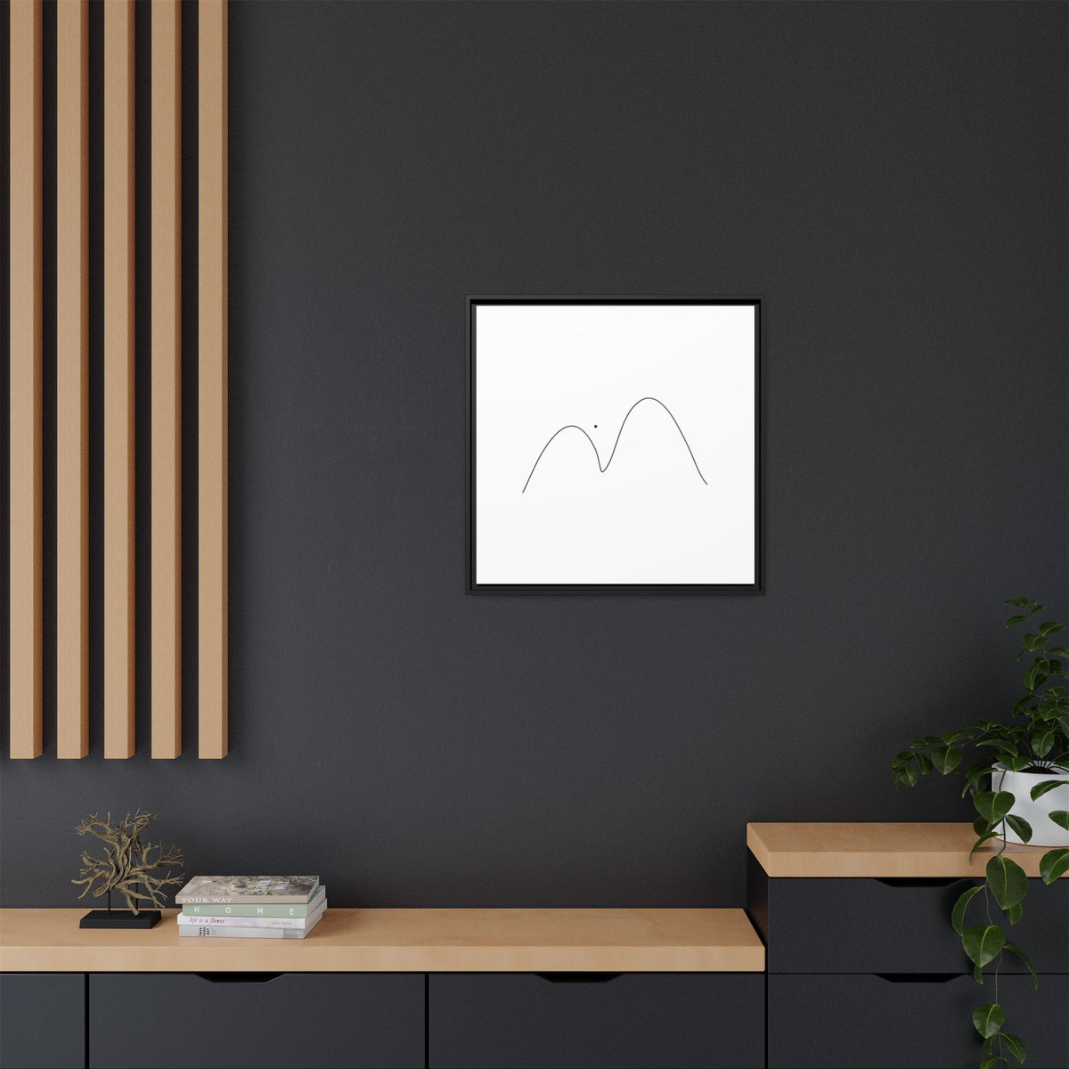 Minimalist mountain line art on framed matte canvas, modern wall art decor by Printify with simple mountain outline design.
